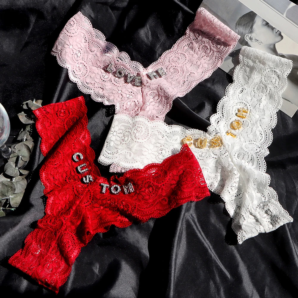 Custom Letters Lace V-String Thong - Personalized Low Waist Bikini Panties for Women