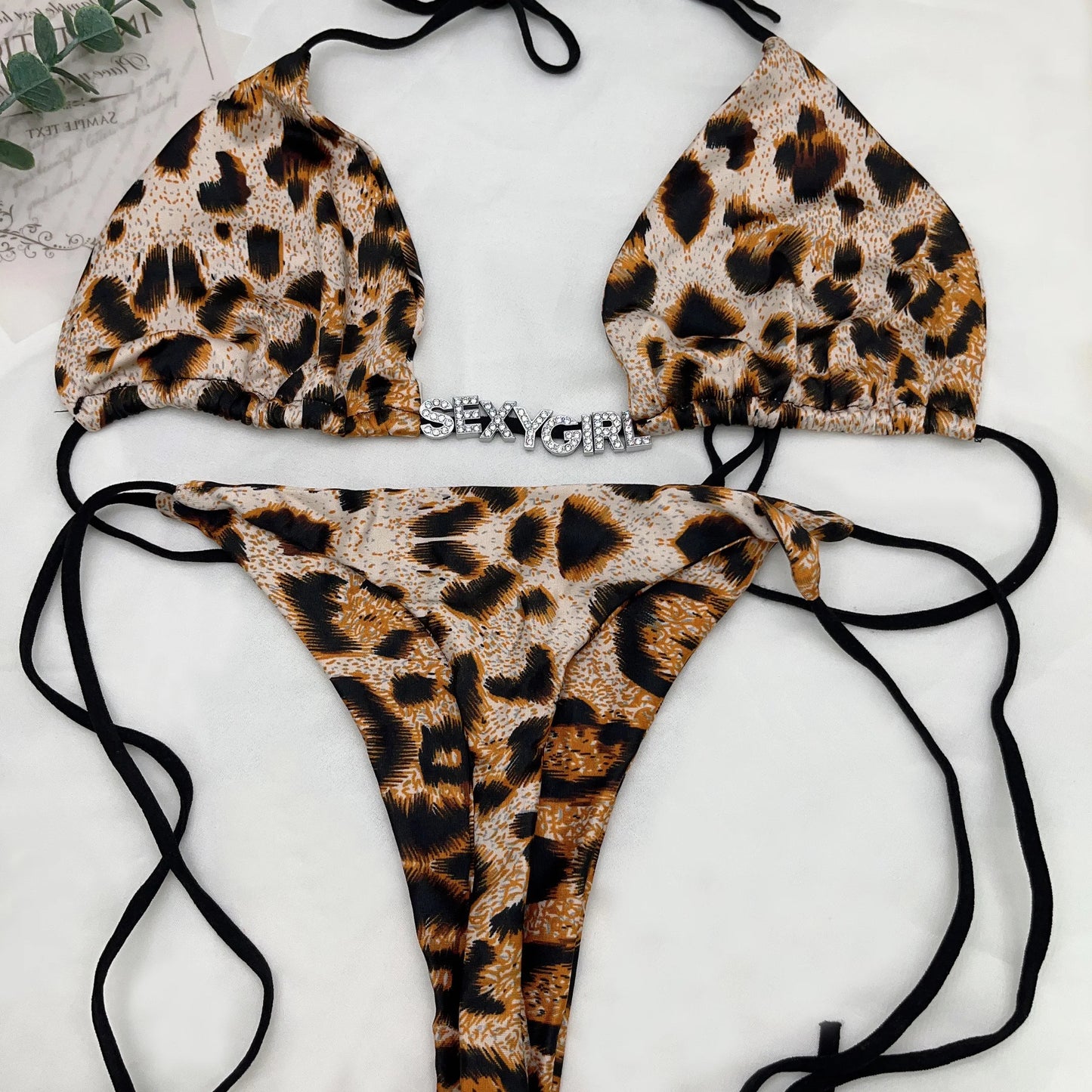 Custom Name Thong Crystal Bikini Swimsuit for Women
