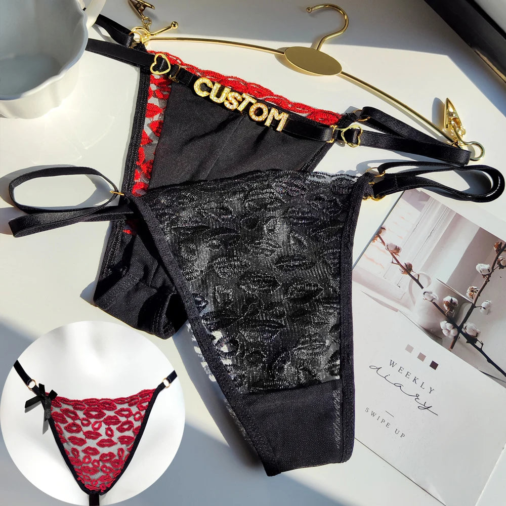 Custom Name Thong with Embroidered Lips