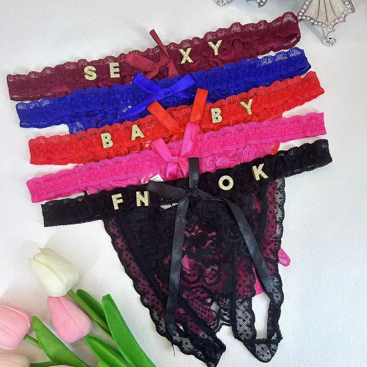 Custom Name Thong Sexy Lace Bowknot Panties with Crystal Letters