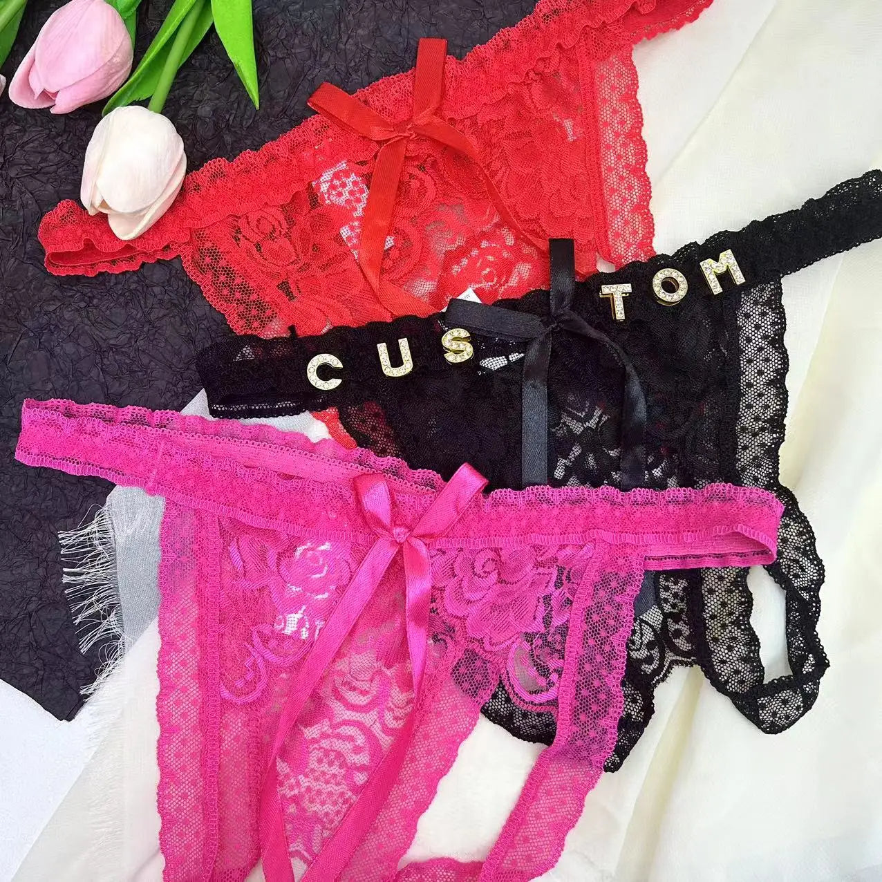 Custom Name Thong Sexy Lace Bowknot Panties with Crystal Letters
