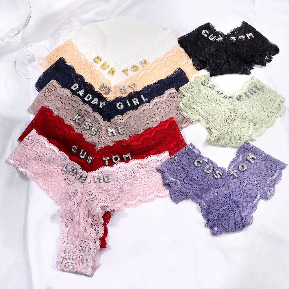 Custom Letters Lace V-String Thong - Personalized Low Waist Bikini Panties for Women
