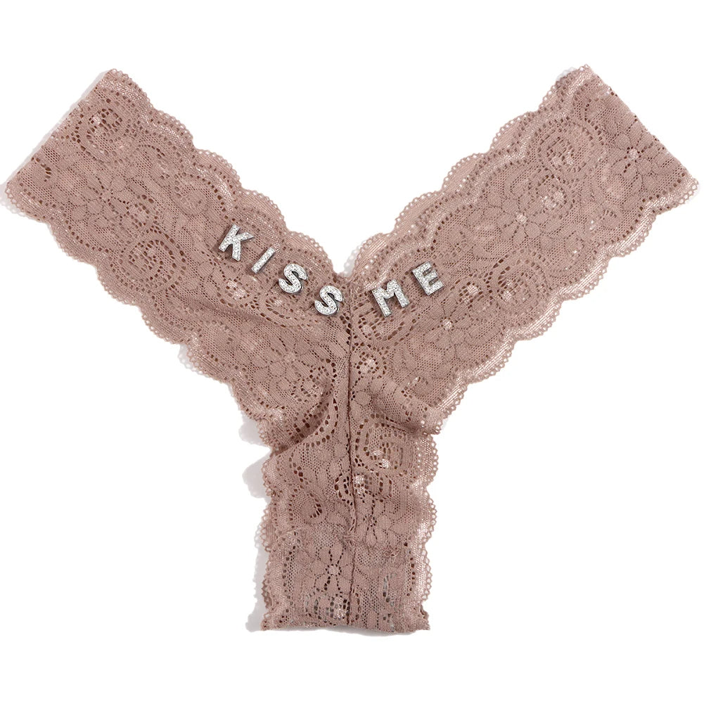 Custom Letters Lace V-String Thong - Personalized Low Waist Bikini Panties for Women