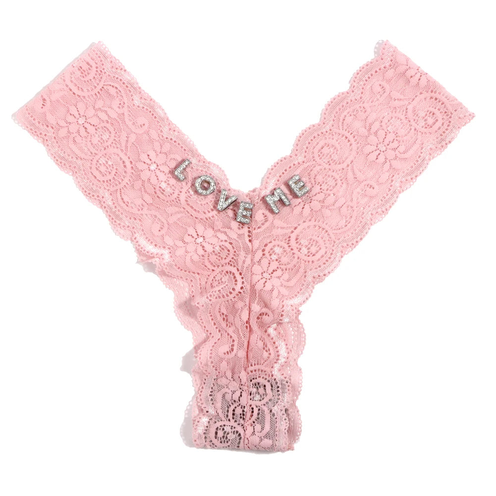 Custom Letters Lace V-String Thong - Personalized Low Waist Bikini Panties for Women