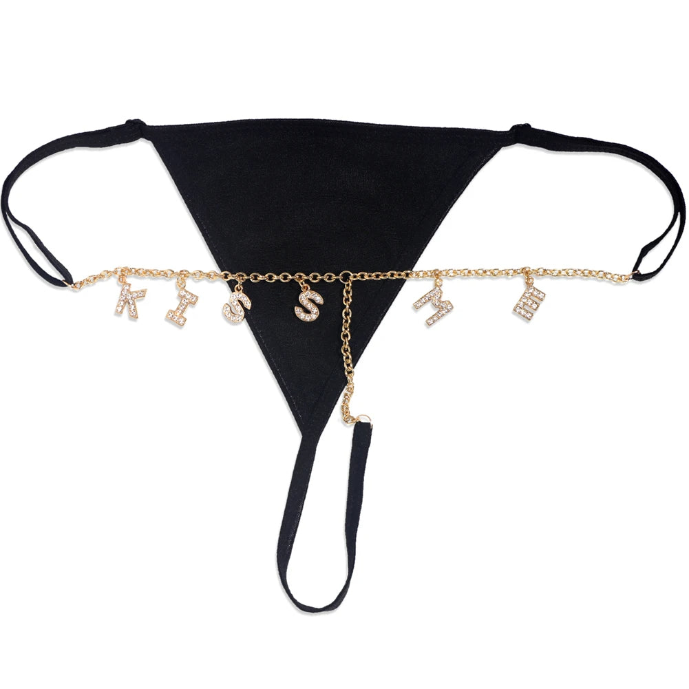 Custom Name Thong Bikini with Multicolor Crystal Waist Chain