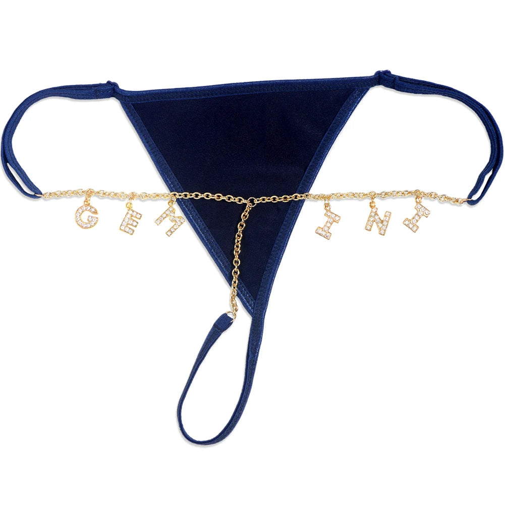 Custom Name Thong Bikini with Multicolor Crystal Waist Chain