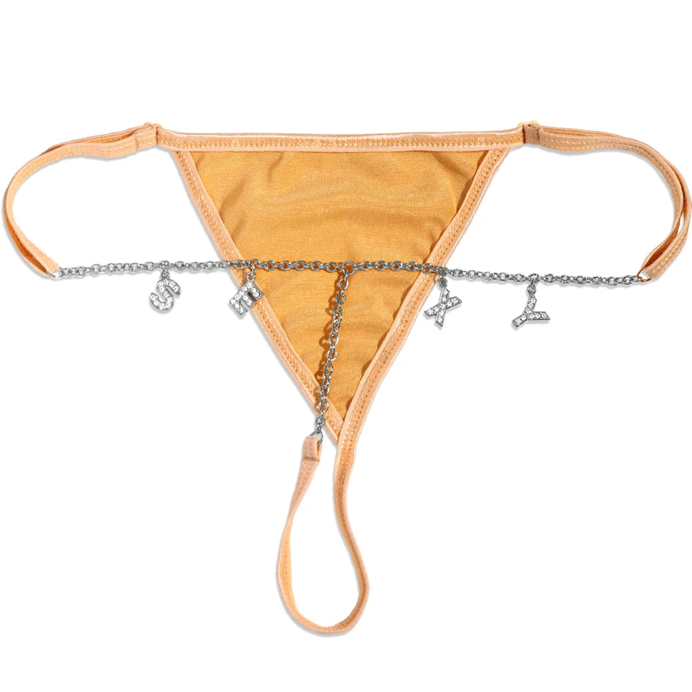 Custom Name Thong Bikini with Multicolor Crystal Waist Chain