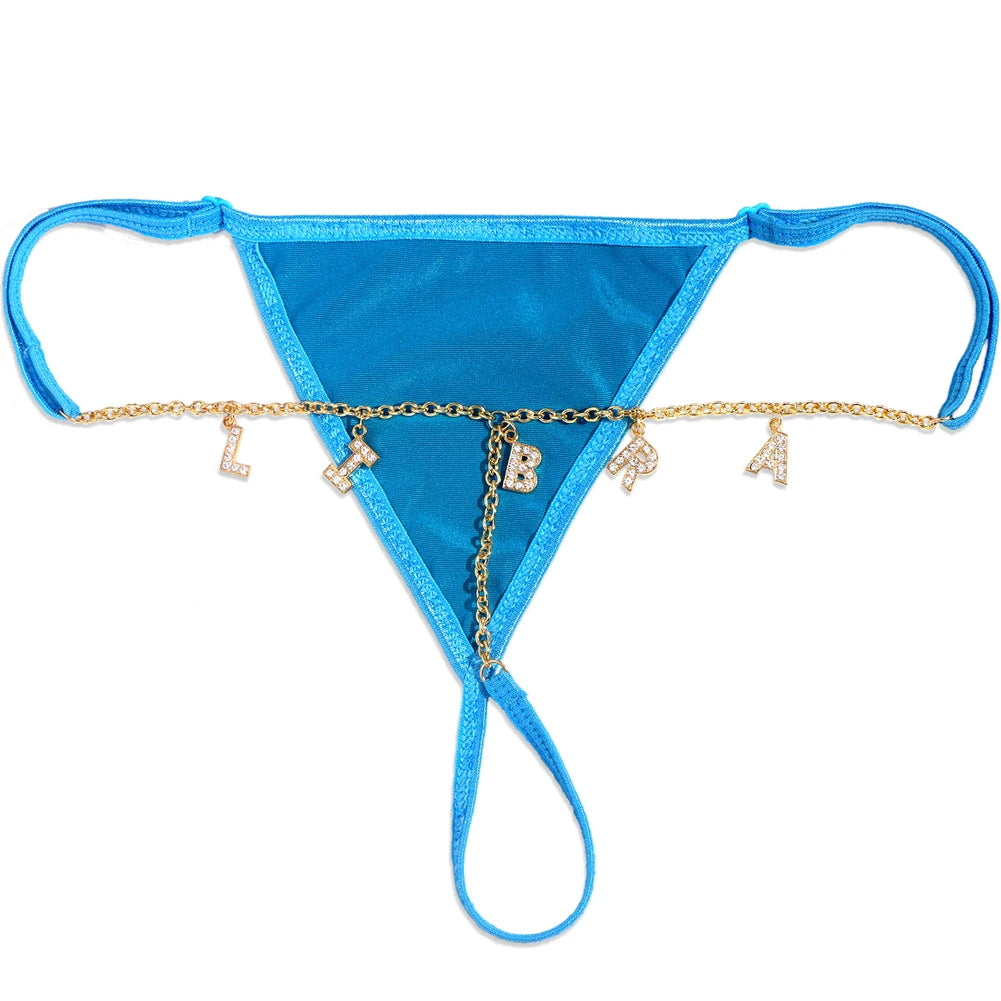Custom Name Thong Bikini with Multicolor Crystal Waist Chain