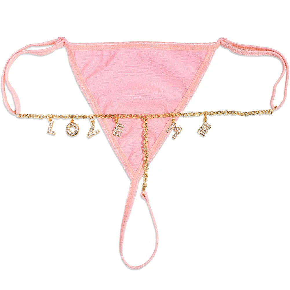 Custom Name Thong Bikini with Multicolor Crystal Waist Chain