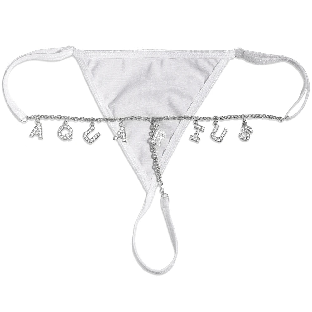 Custom Name Thong Bikini with Multicolor Crystal Waist Chain