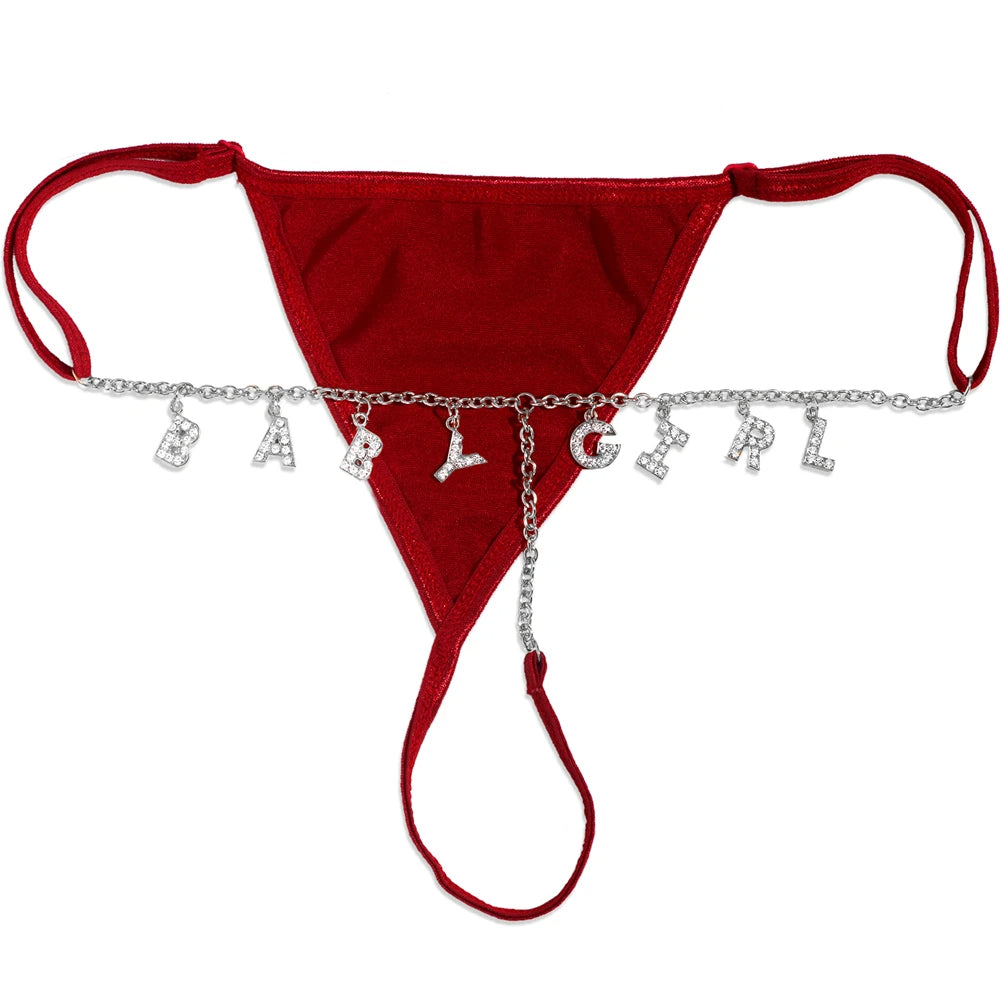 Custom Name Thong Bikini with Multicolor Crystal Waist Chain