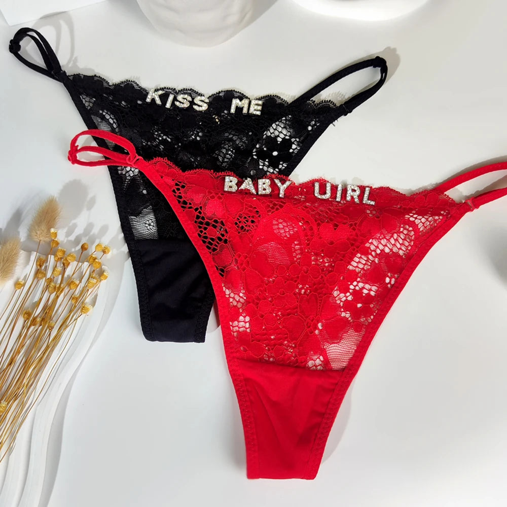 Sexy Personalized String Thongs with Hollow Flower & Rhinestone Letters
