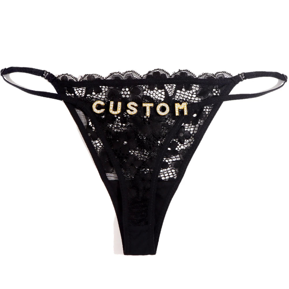Sexy Personalized String Thongs with Hollow Flower & Rhinestone Letters