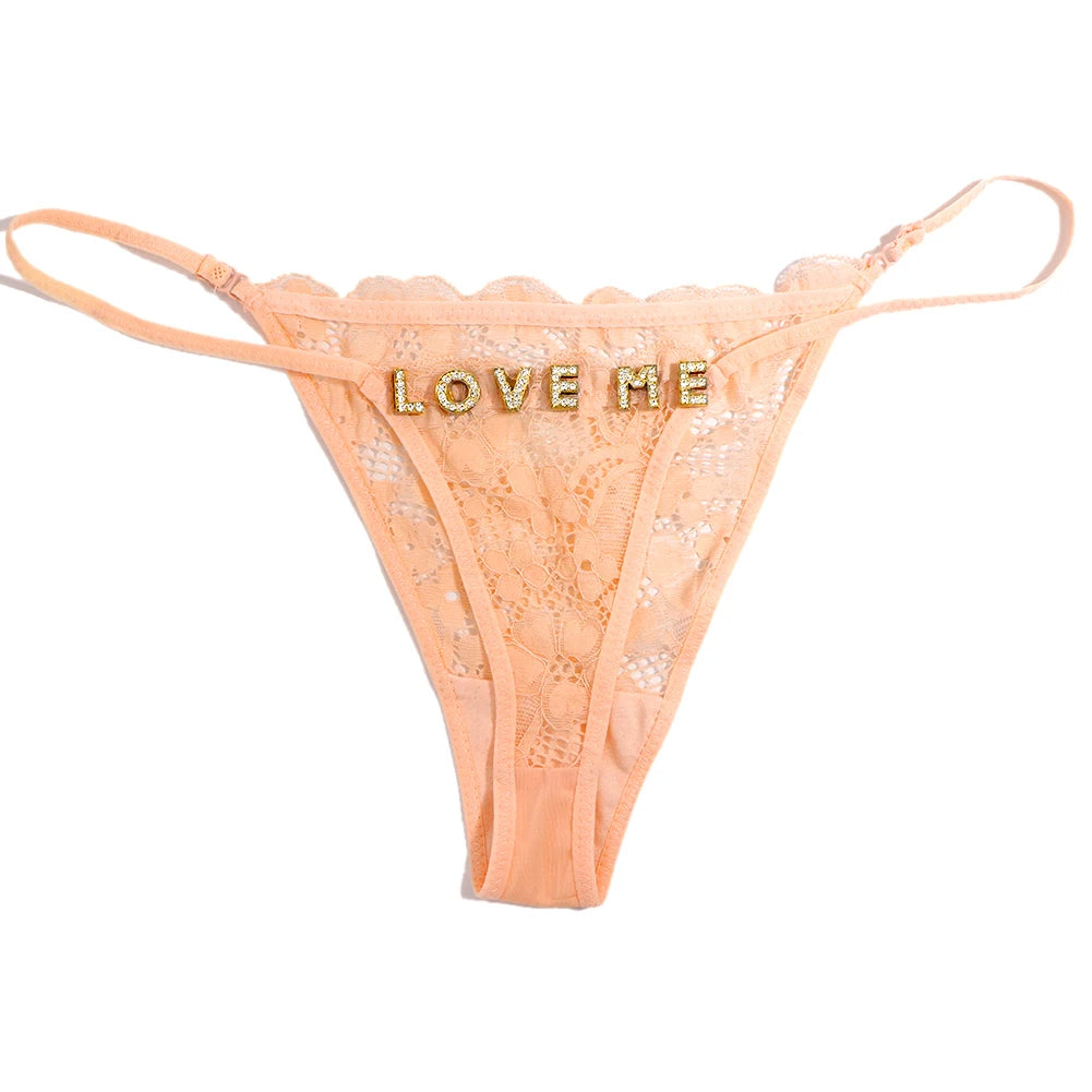 Sexy Personalized String Thongs with Hollow Flower & Rhinestone Letters
