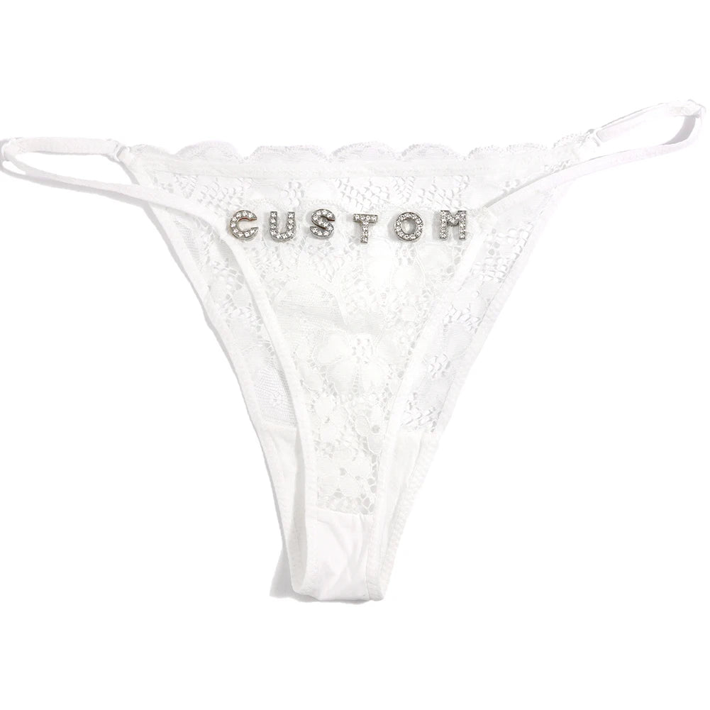 Sexy Personalized String Thongs with Hollow Flower & Rhinestone Letters