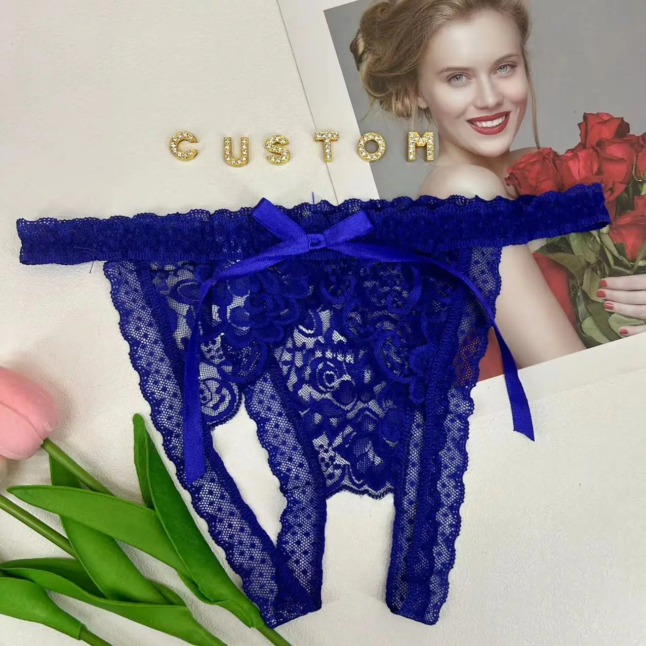 Custom Name Thong Sexy Lace Bowknot Panties with Crystal Letters