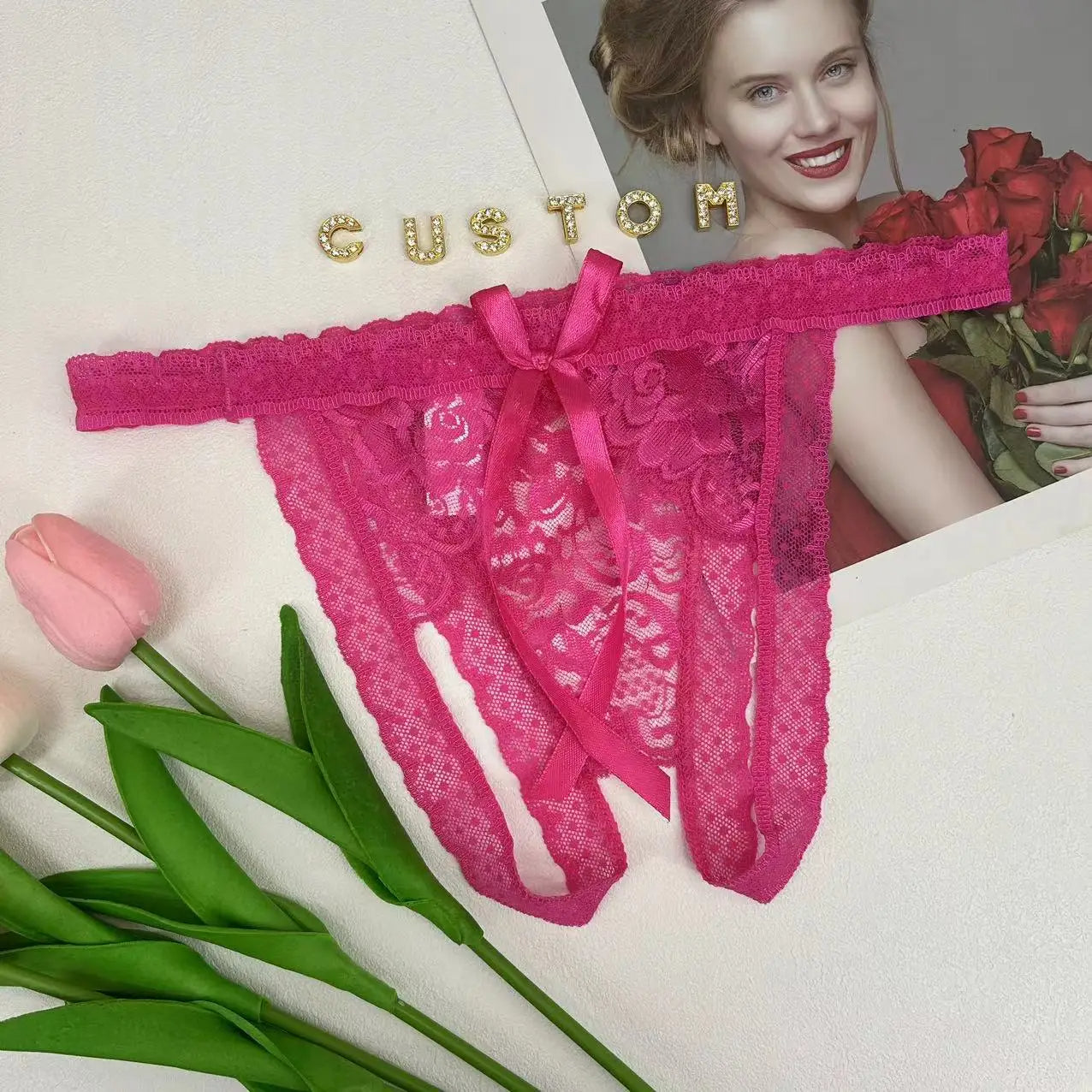 Custom Name Thong Sexy Lace Bowknot Panties with Crystal Letters
