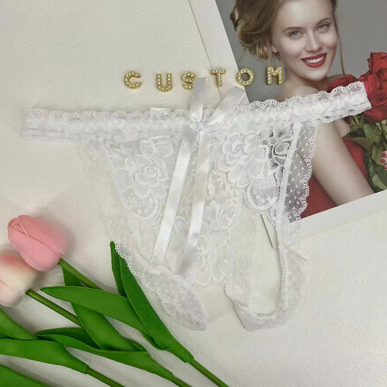 Custom Name Thong Sexy Lace Bowknot Panties with Crystal Letters