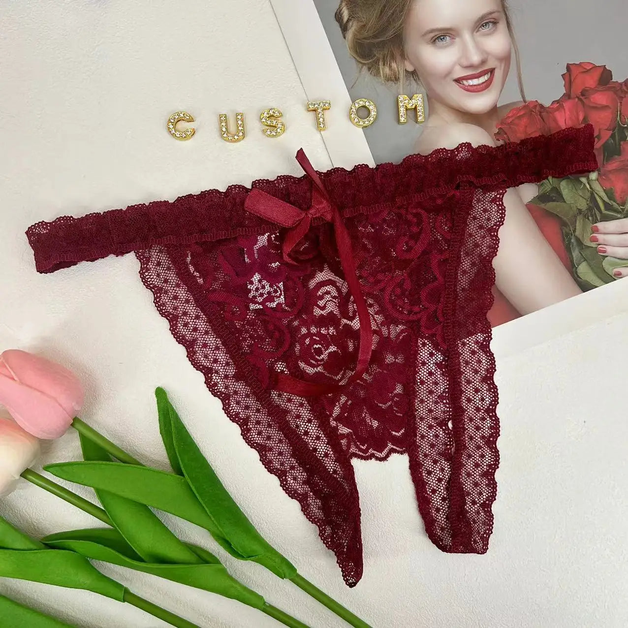 Custom Name Thong Sexy Lace Bowknot Panties with Crystal Letters