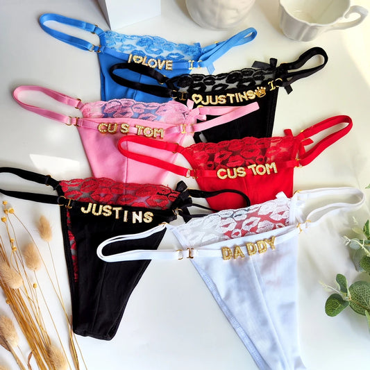 Custom Name Thong with Embroidered Lips