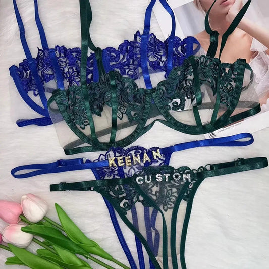 Custom Name Thong and Bra Set Personalized Lace Lingerie with Floral Design for Women