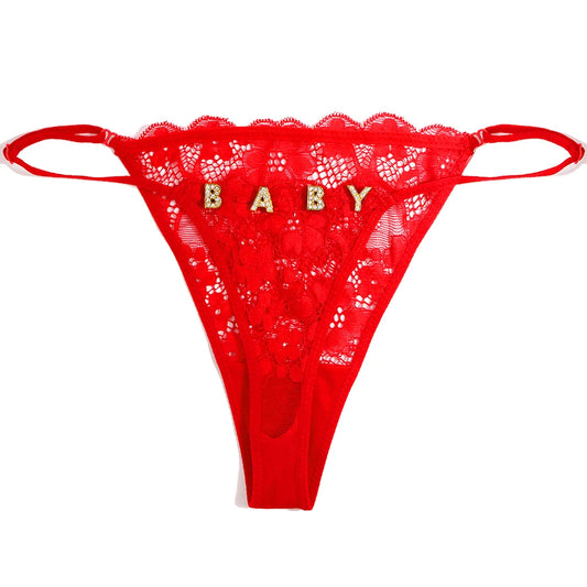 Sexy Personalized String Thongs with Hollow Flower & Rhinestone Letters